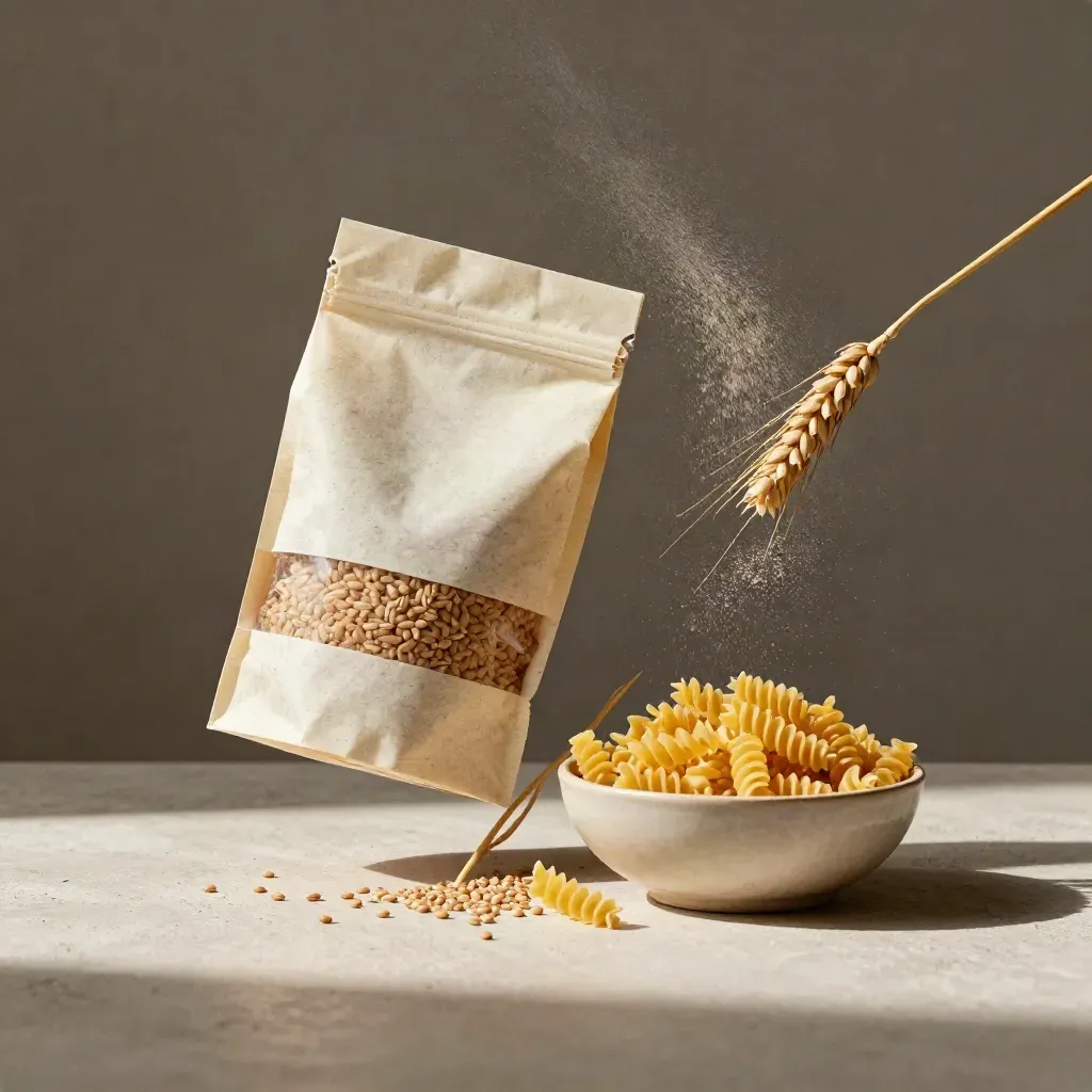 Paquet de pâtes complètes bio, grains en chute, blé et bol en grès sur pierre claire.