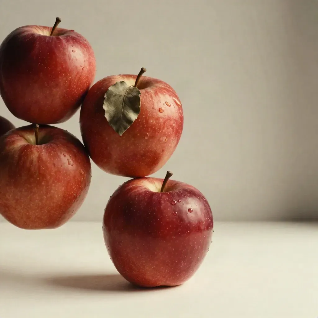 Quatre pommes Gala bio rubis en macro sur fond crème, avec une feuille froissée et une goutte d’eau.