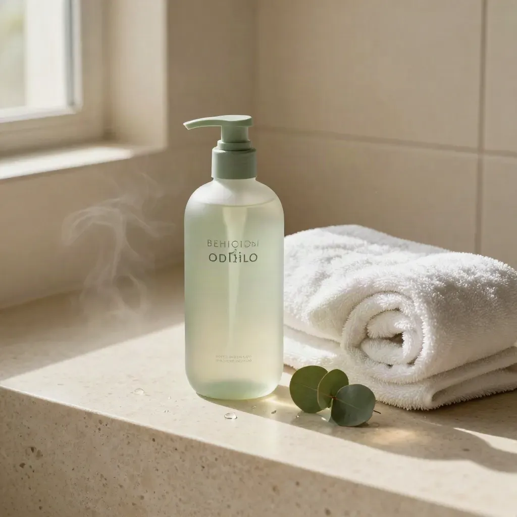 Flacon de shampoing en verre dépoli, serviette roulée et eucalyptus sur travertin.