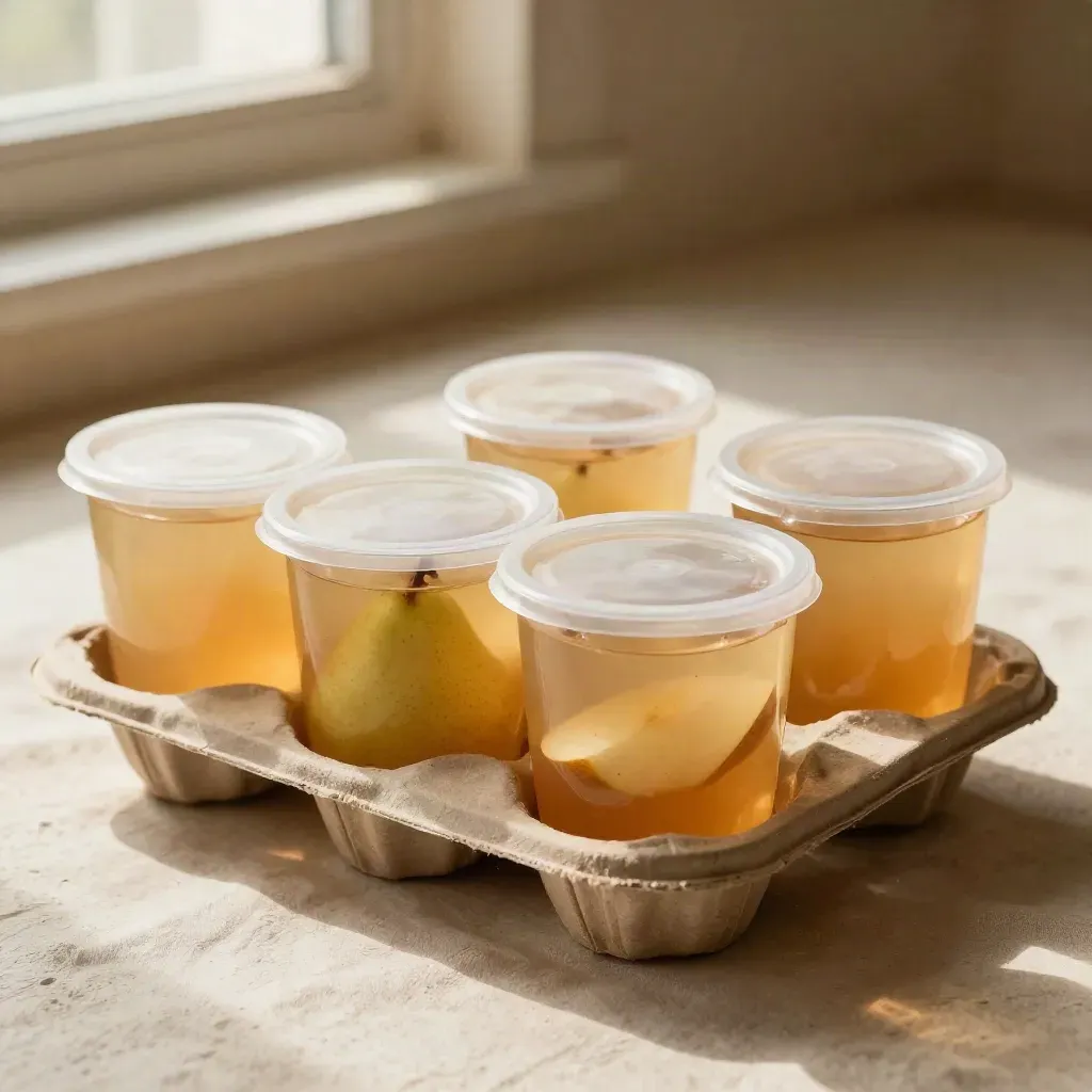 Quatre compotes pomme poire en petit arc avec coupelles, quartiers de fruit et linge clair.