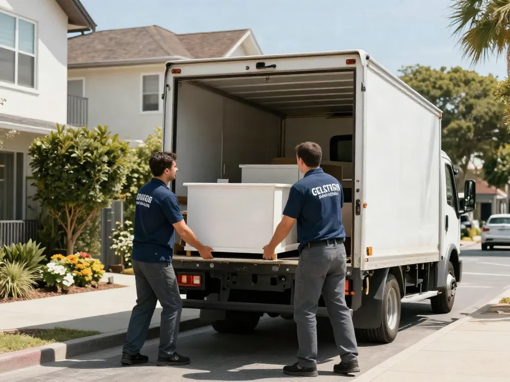Déménageur Lausanne chargeant des meubles dans un camion moderne, scène professionnelle et fiable.